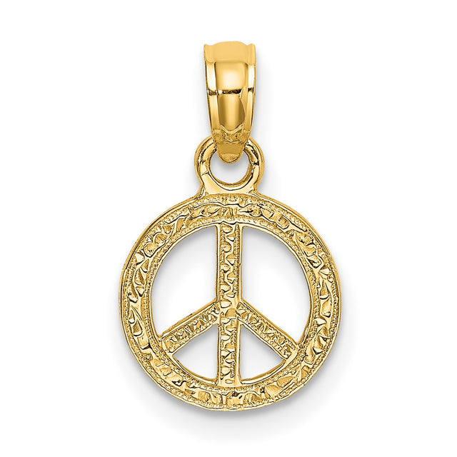 10k Yellow Gold Peace Sign Pendant, Textured Boho Retro Hippie Symbolic Charm for Women and Unisex