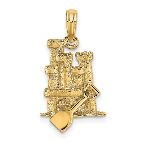 10k Yellow Gold Sandcastle Pendant with Shovel, Three-Dimensional Beach Charm