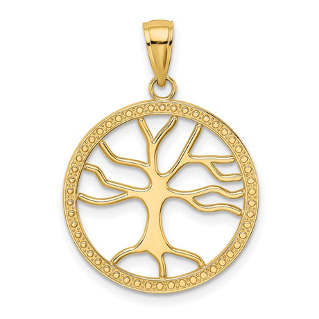 10k Yellow Gold Tree of Life Pendant with Openwork Circular Design and Detailed Border