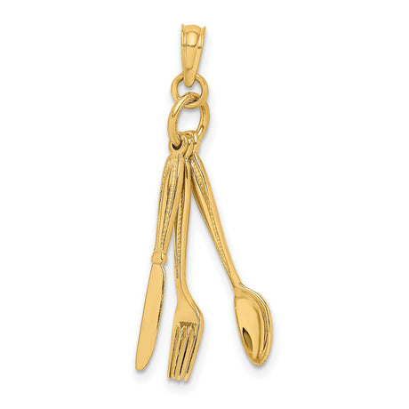10k Yellow Gold Pendant, Knife Fork Spoon Cutlery Trio, Culinary Style for Food Lovers