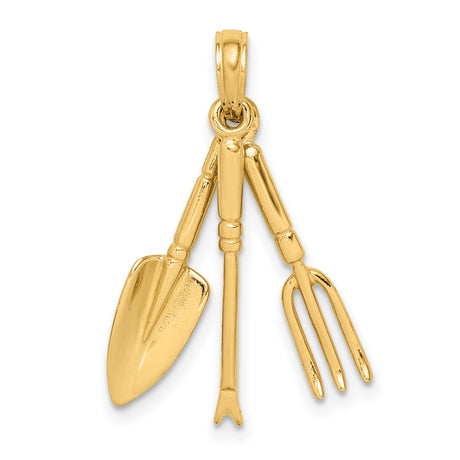 10k Yellow Gold Pendant with Gardening Tools Shovel, Fork, and Rake, Movable Charm Design