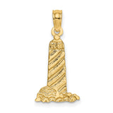 10k Yellow Gold Lighthouse Pendant with Textured Wave Design, Nautical Coastal Theme Charm