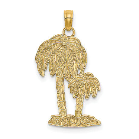 10k Yellow Gold Palm Tree Pendant, Textured Double Tree Design, Tropical Beach Charm