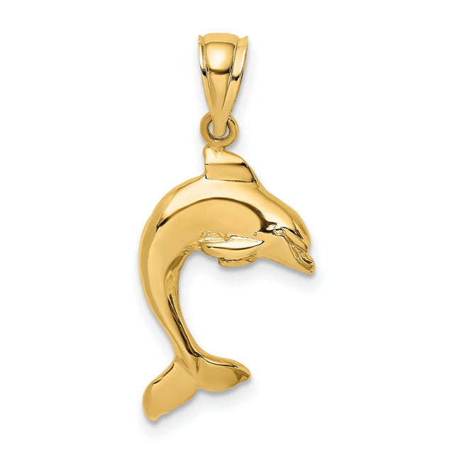 10k Yellow Gold Dolphin Pendant with Curved Design, Nautical Animal Charm