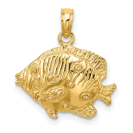10k Yellow Gold Tropical Fish Pendant, Textured Ocean Animal Charm, Nautical Marine Life Theme