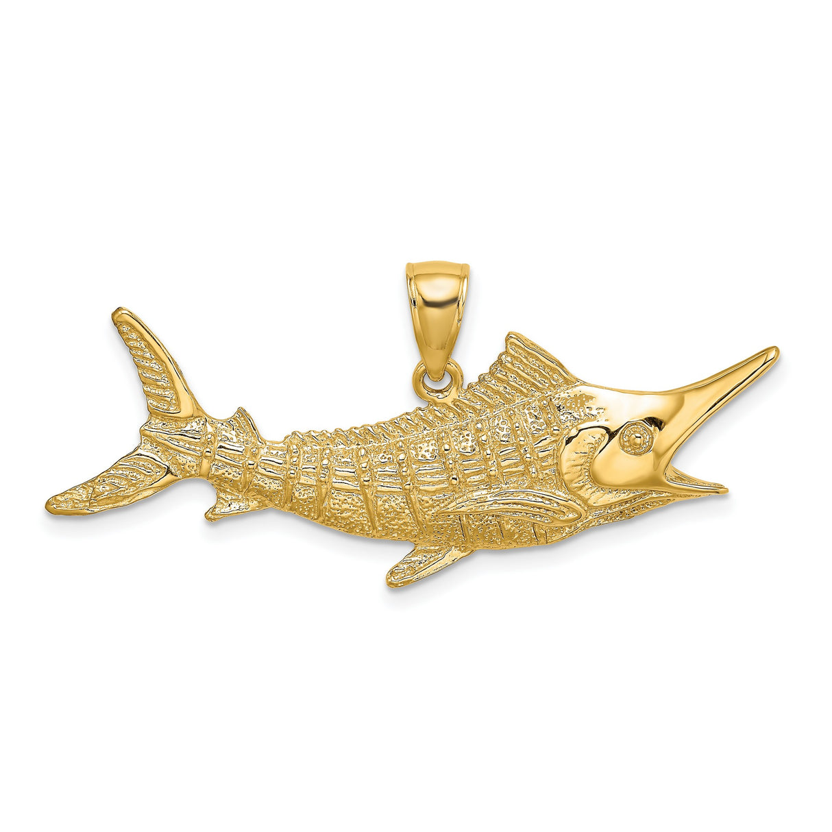10k Yellow Gold Marlin Fish Pendant, Textured Ocean Motif Nautical Jewelry for Men