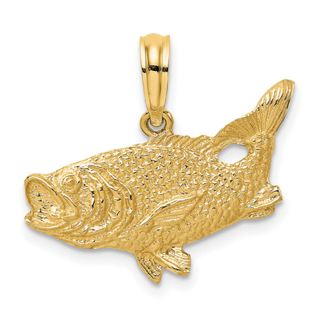 10k Yellow Gold Bass Pendant, Realistic Fish Design with Tail Up, Nature and Fishing Theme