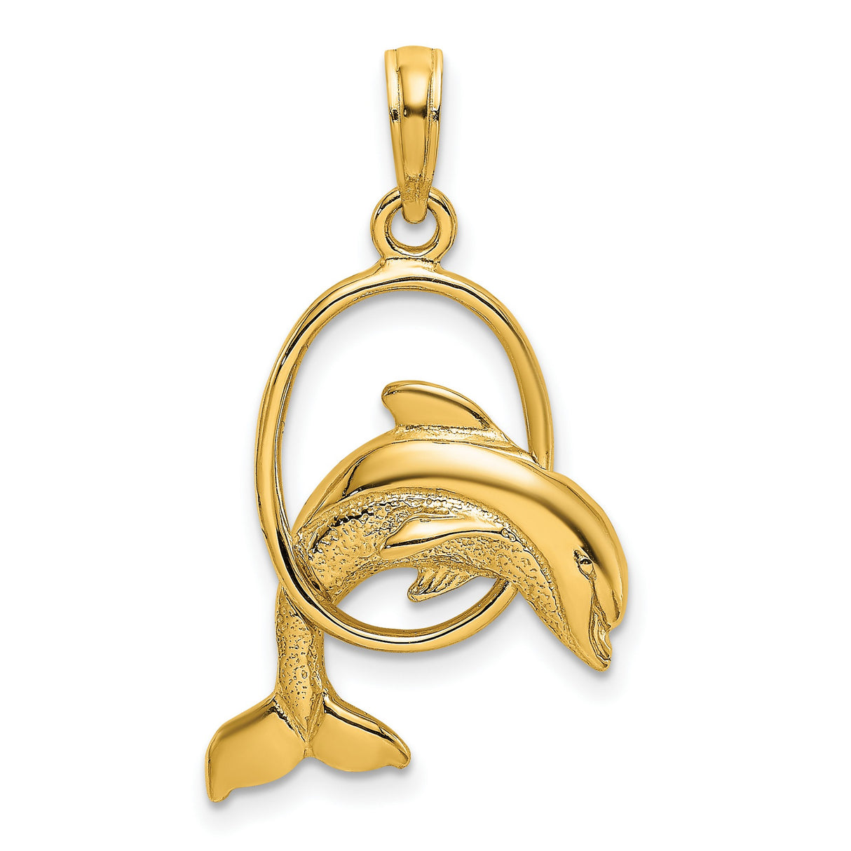 10k Yellow Gold Dolphin Pendant with Leaping Dolphin Inside Oval Loop, Nautical Ocean Theme