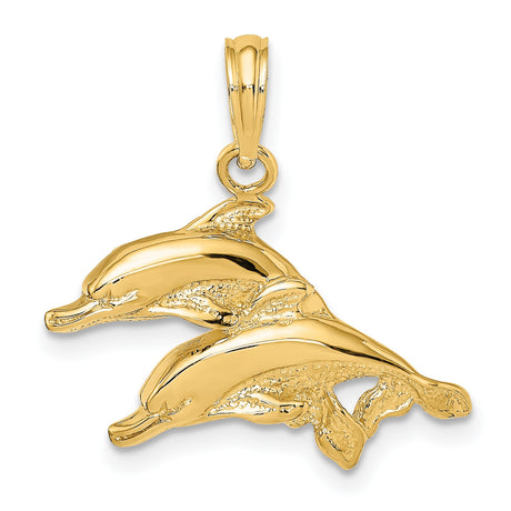 10k Yellow Gold Dolphin Pendant with Jumping Dolphins, Nautical Beach Style Charm