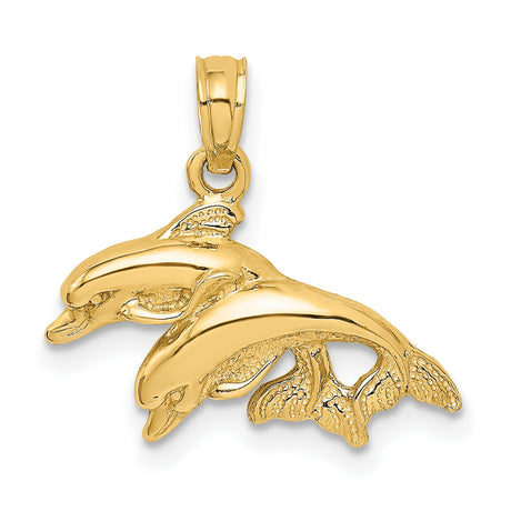 10k Yellow Gold Dolphin Pendant with Leaping Dolphins, Ocean Theme Charm for Women or Unisex