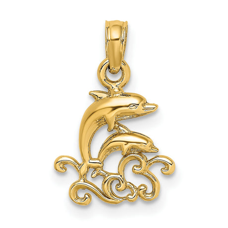 10k Yellow Gold Dolphin Pendant with Two Dolphins and Ocean Wave Design