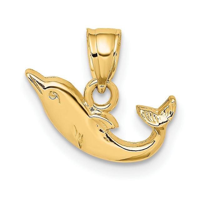 10k Yellow Gold Dolphin Pendant with Polished Jumping Design, Nautical Ocean Life Charm