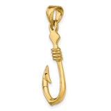 10k Yellow Gold Fish Hook Pendant with Polished Finish and Rope Detail, Nautical Style