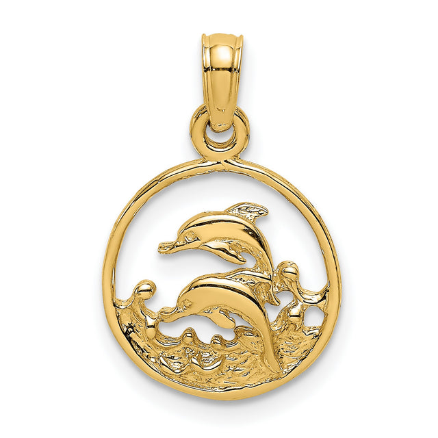 10k Yellow Gold Dolphin Pendant with Two Dolphins and Ocean Wave Design in Open Circle