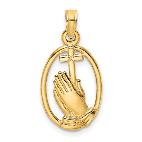 10k Yellow Gold Oval Cross Pendant with Praying Hands Symbol Religious Charm