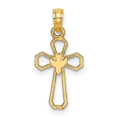 10k Yellow Gold Cross Pendant with Dove, Modern Openwork Holy Spirit Design