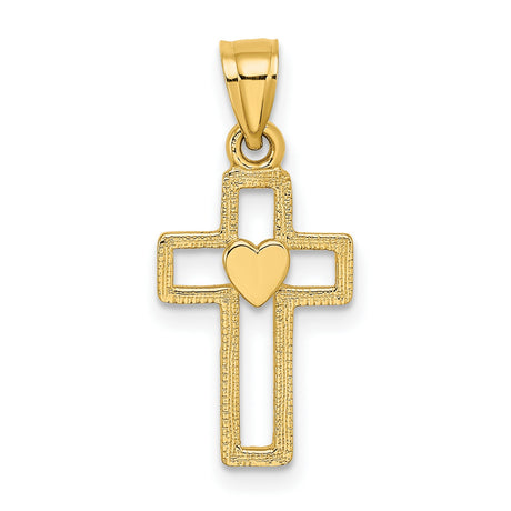 Cut-Out Cross with Heart Charm Pendant in Real 10k Yellow Gold