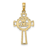 10k Yellow Gold Claddagh Cross Pendant with Crowned Heart Symbol and Openwork Design