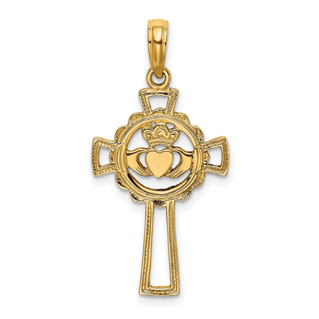 10k Yellow Gold Claddagh Cross Pendant with Crowned Heart Symbol and Openwork Design