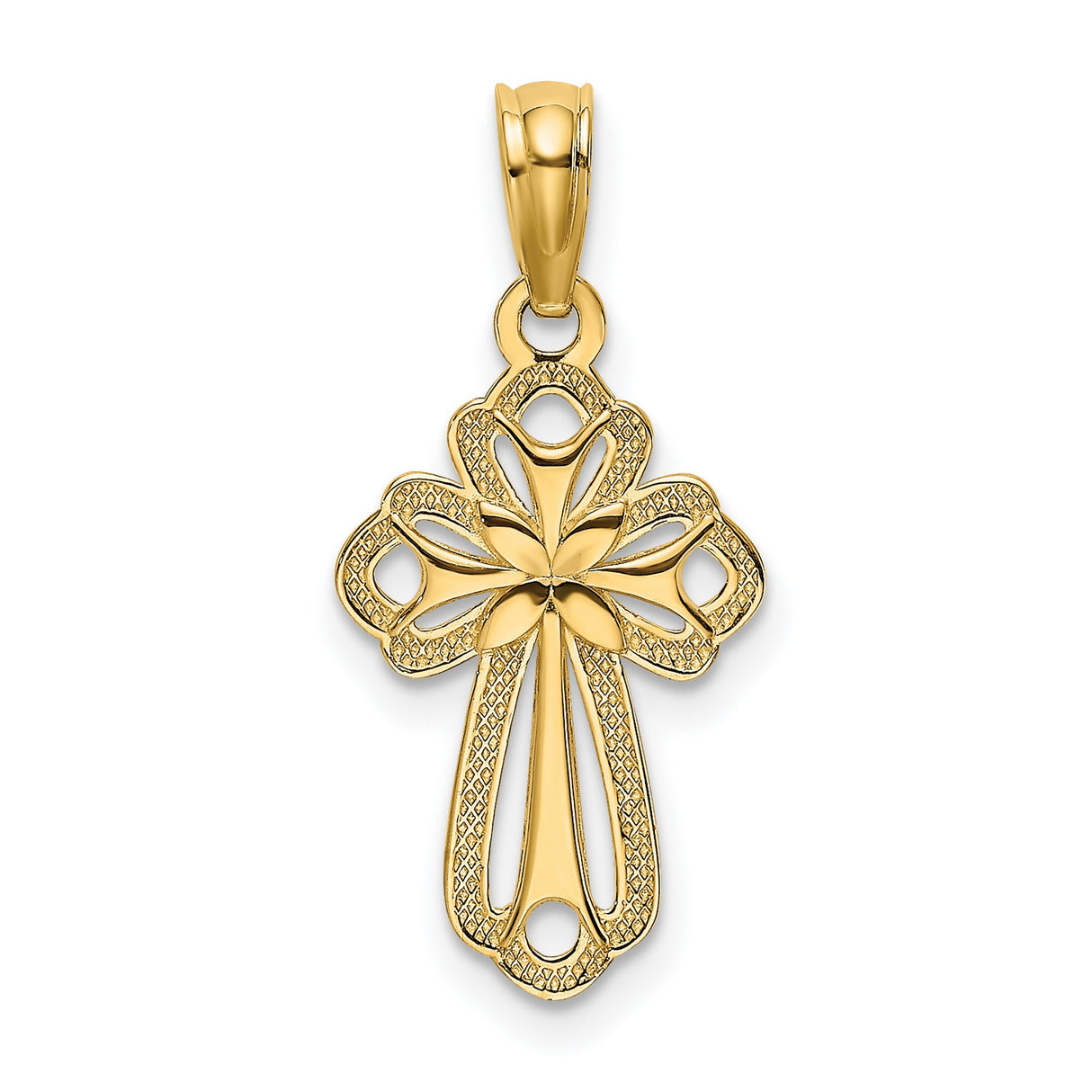 10k Yellow Gold Cross Pendant with Textured Floral Design and High Polish Finish