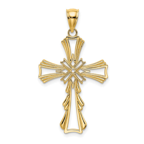 10k Yellow Gold Cross Pendant with Cut-Out Teardrop Design, Polished Religious Charm