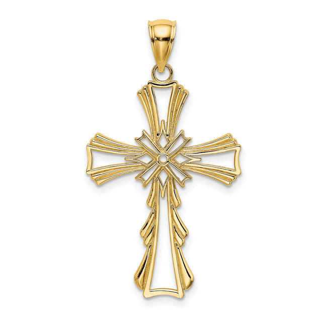 10k Yellow Gold Cross Pendant with Cut-Out Teardrop Design, Polished Religious Charm