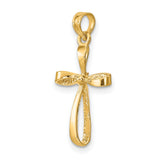10k Yellow Gold Cross Pendant with Twisted Polished Design and Textured Ribbon Detail