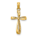 10k Yellow Gold Cross Pendant with Twisted Polished Design and Textured Ribbon Detail
