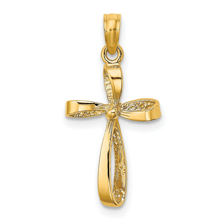 10k Yellow Gold Cross Pendant with Twisted Polished Design and Textured Ribbon Detail