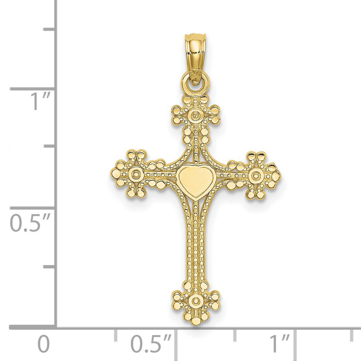 10k Yellow Gold Cross Pendant with Ornate Heart Center, Textured Vintage Religious Style