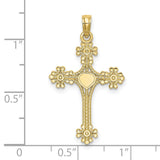 10k Yellow Gold Cross Pendant with Ornate Heart Center, Textured Vintage Religious Style