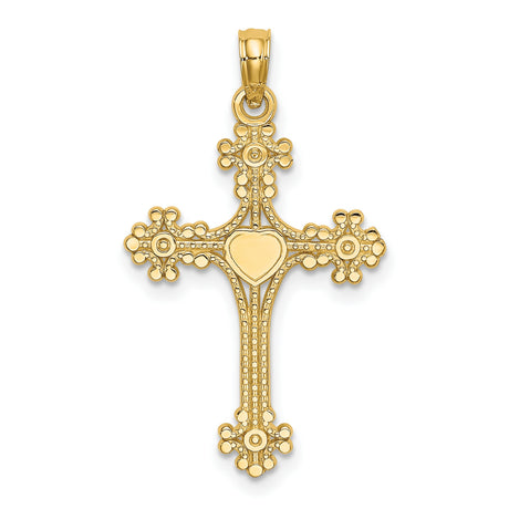 10k Yellow Gold Cross Pendant with Ornate Heart Center, Textured Vintage Religious Style