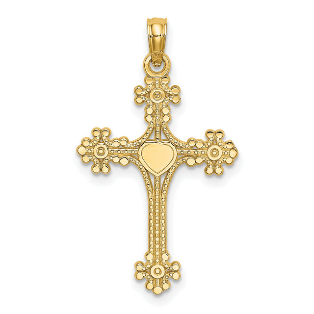 10k Yellow Gold Cross Pendant with Ornate Heart Center, Textured Vintage Religious Style