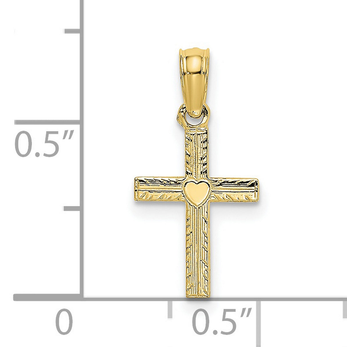 10k Yellow Gold Cross Pendant with Heart Accent and Carved Texture for Men and Women