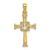 10k Yellow Gold Cross and Dove Pendant, Polished Religious Charm, Unisex Spiritual Jewelry