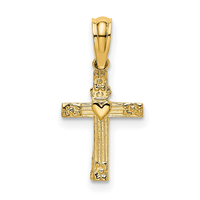 10k Yellow Gold Cross Pendant with Heart Center, Textured Religious Charm Vintage Style