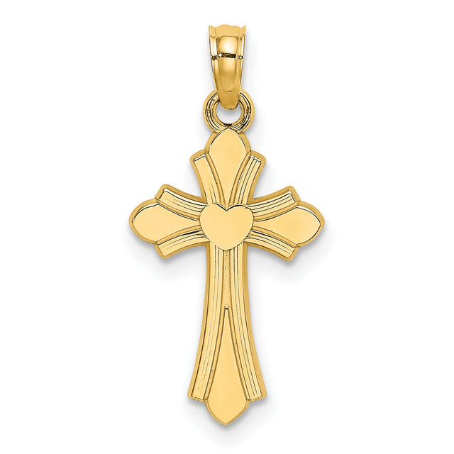 10k Yellow Gold Cross Pendant with Heart Design, Religious Charm for Men and Women
