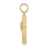 10k Yellow Gold Cross Pendant with Double Hearts and Curved Ribbon Design