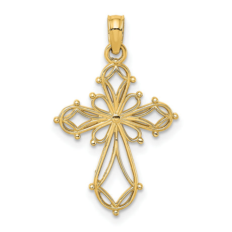 10k Yellow Gold Cross Pendant with Open Filigree Floral Design, Lightweight Religious Charm