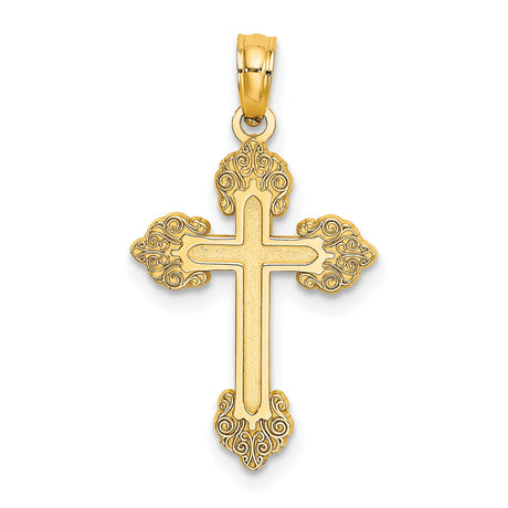 10k Yellow Gold Cross Pendant with Scrollwork, Textured and Polished Design