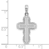 10k White Gold Cross Pendant with Textured Filigree Design, Polished Finish, Latin Religious Charm