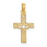 10k Yellow Gold Cross Pendant with Cutout Dove Design, Religious Symbol of Faith and Peace