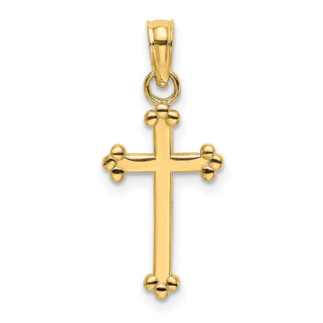 10k Yellow Gold Cross Pendant with Polished Finish and Beaded Fleur Design