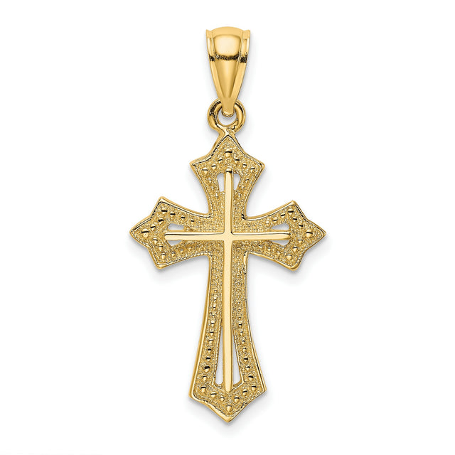 10k Yellow Gold Cross Pendant with Flared Arms and Beaded Edges for Men and Women