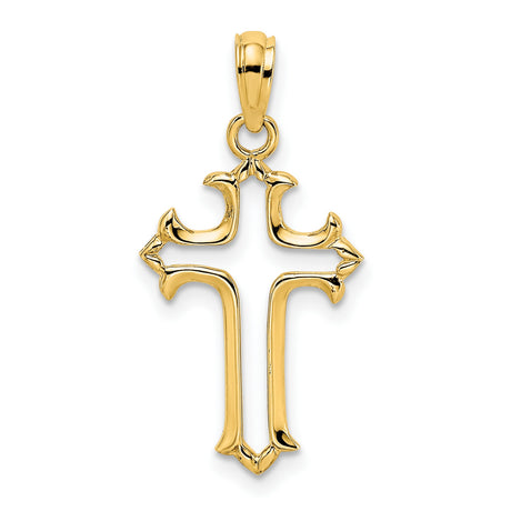 10k Yellow Gold Cross Pendant with Open Cutout Design and Flame-Tipped Edges