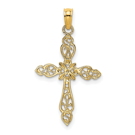 10k Yellow Gold Cross Pendant with Lace Filigree and Floral Accent for Men and Women