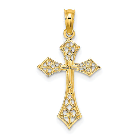 10k Yellow Gold Cross Pendant with Filigree Openwork Design and Polished Finish