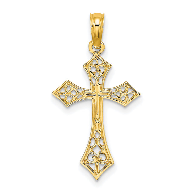 10k Yellow Gold Cross Pendant with Filigree Openwork Design and Polished Finish