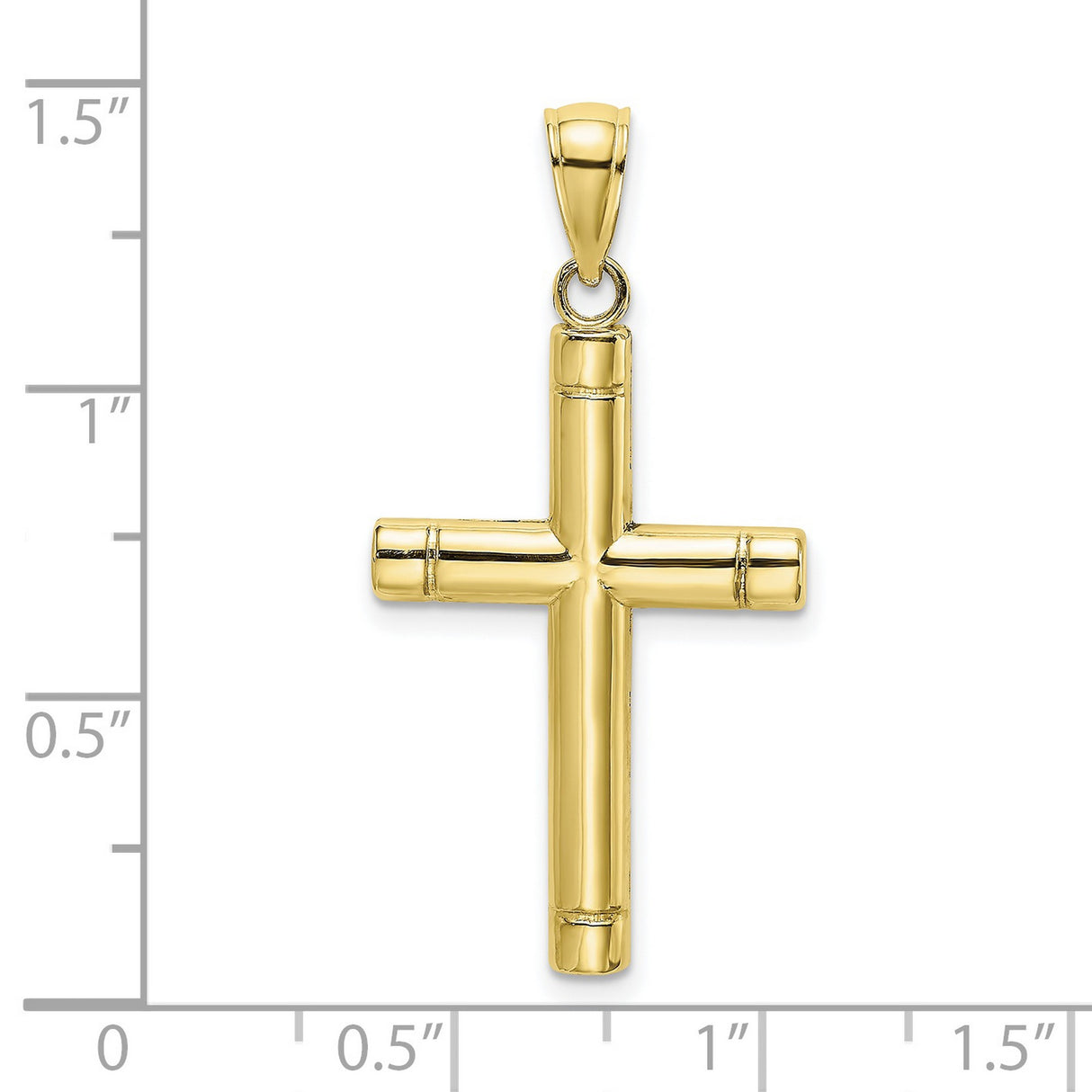 10k Yellow Gold Cross Pendant, Bamboo Tubular Design, Mirror Finish, Unisex Religious Style