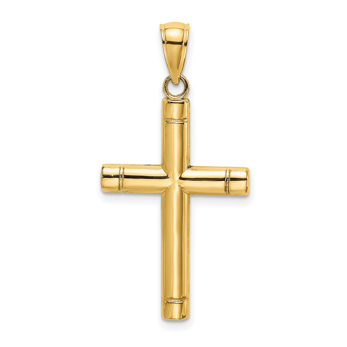 10k Yellow Gold Cross Pendant, Bamboo Tubular Design, Mirror Finish, Unisex Religious Style